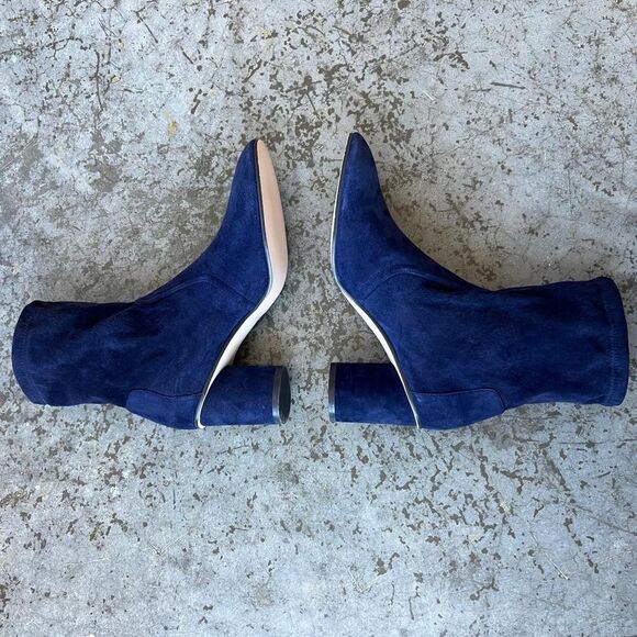 Stuart Weitzman Margot 75 Navy Blue Suede Ankle Sock Booties Block Heel 8.5 - Picture 5 of 11
